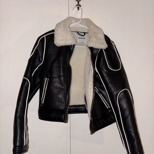 Bershka Black and White Leather Jacket with Shearling Collar
